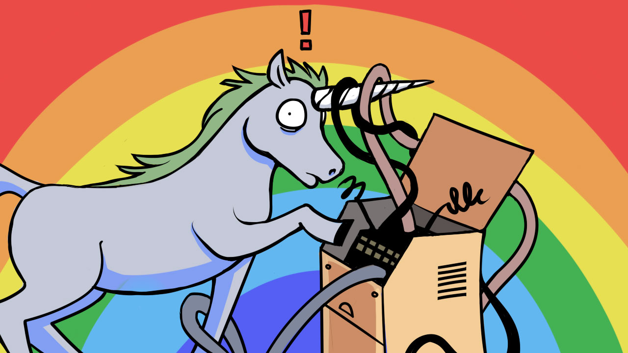 Unicorn with broken machine and wires